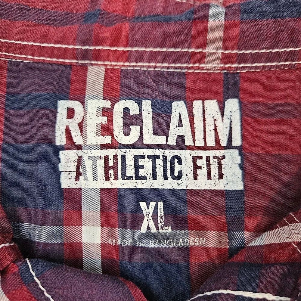 RECLAIM | Mens Athletic Fit Western Plaid Snap Button Down Shirt Red Navy XL - Picture 3 of 15
